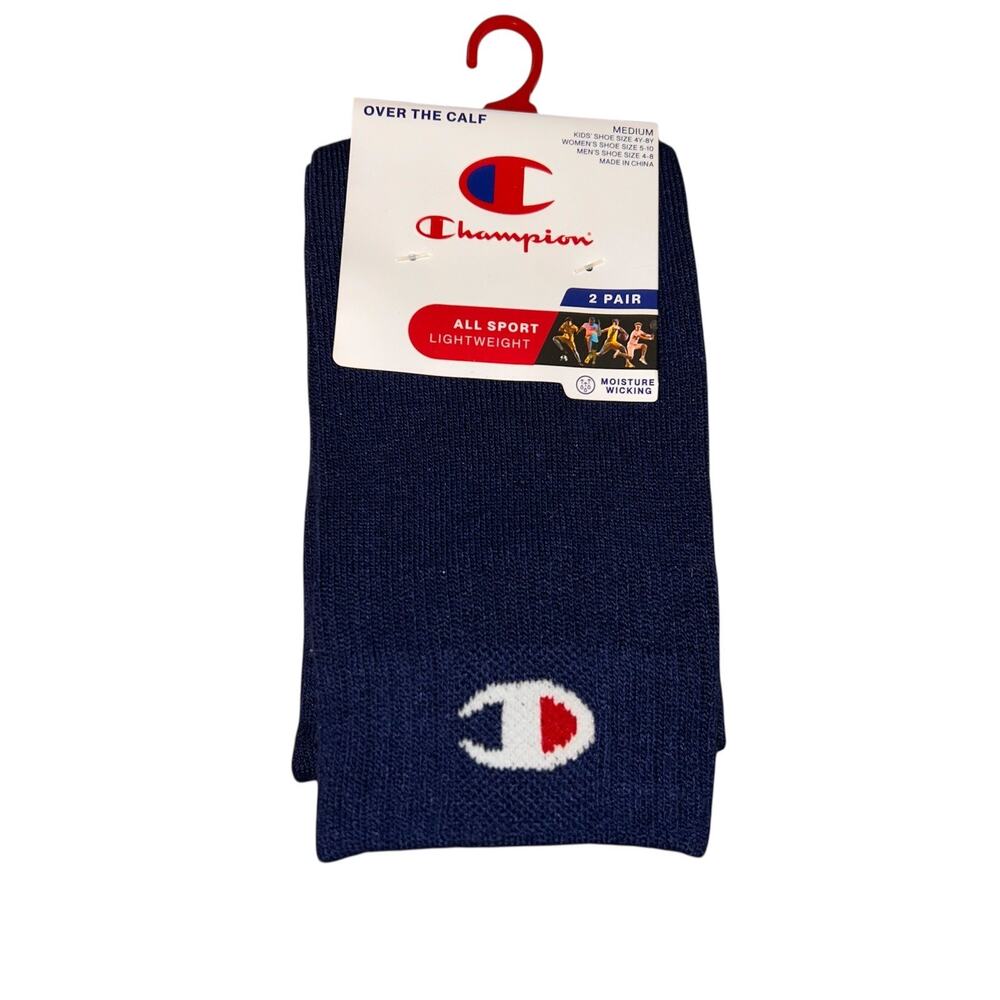2 Pair Champion Over The Calf Lightweight Soccer Socks - Size M Navy Athletic